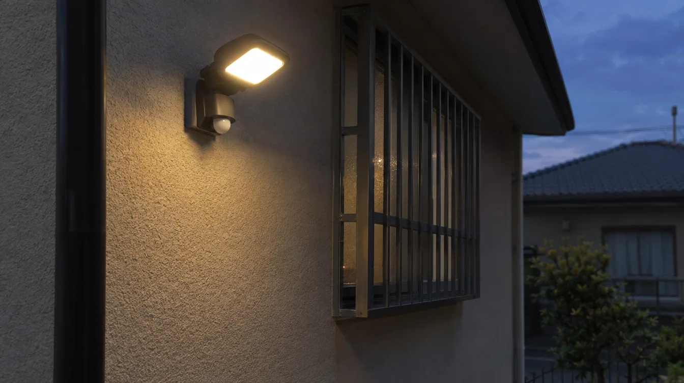 住宅の外壁に付けたセンサーライトと、窓の面格子