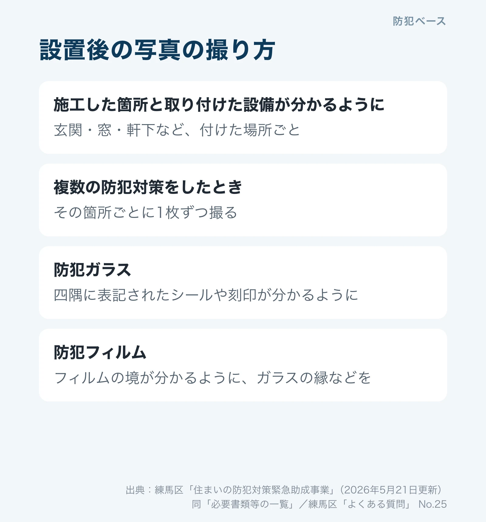 設置後の写真の撮り方。施工箇所ごとに撮る、防犯ガラスは四隅のシールや刻印、防犯フィルムはガラスの縁