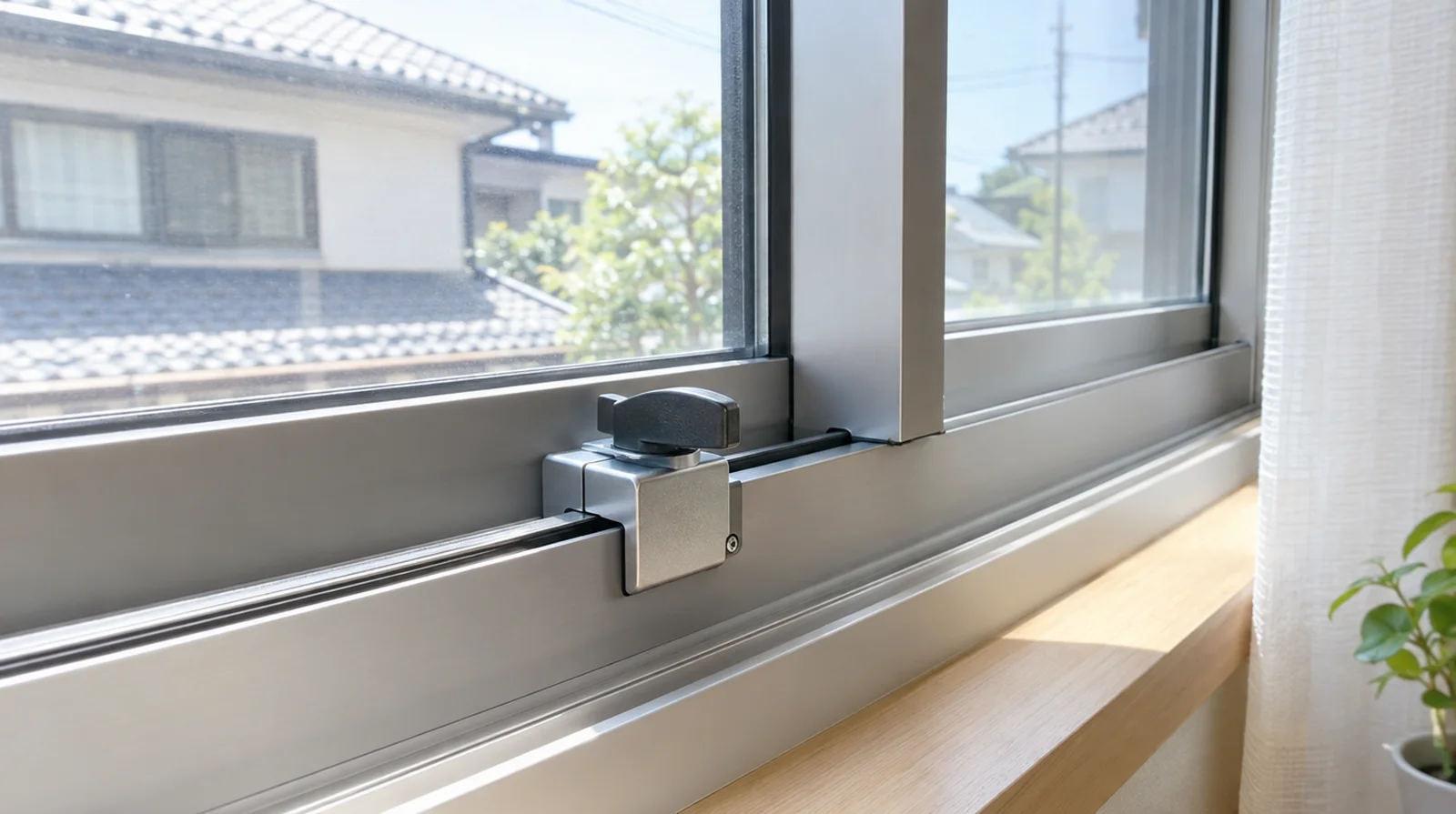 引き違い窓のサッシに取り付けた窓用の補助錠